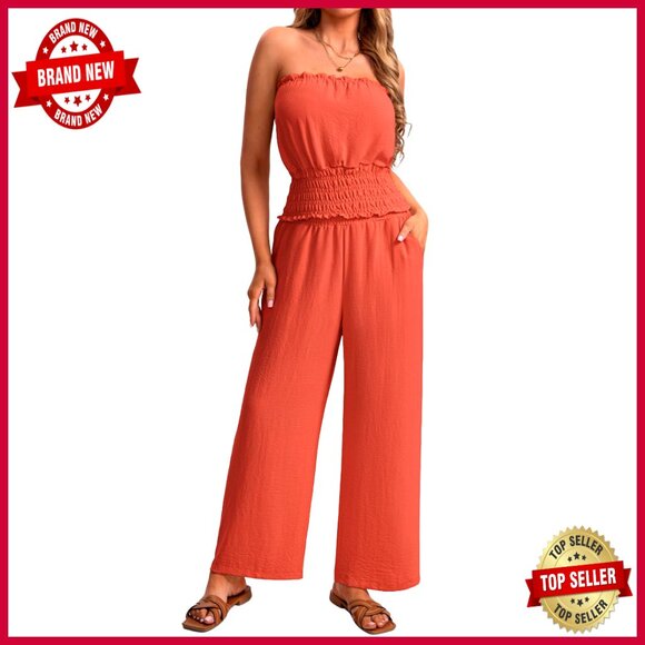 Wide Leg Pants & Crop Tube Top Set - Polyester Summer Outfit - X-Large